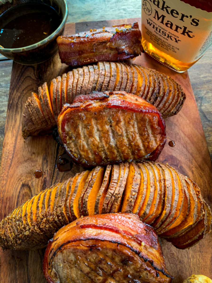 Smoked Bacon Wrapped Brown Sugar Pork Chops with Cajun Hasselback Sweet Potatoes