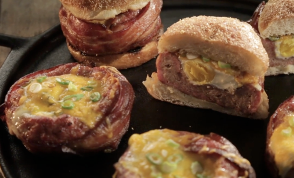 Breakfast Burgers Wrapped in Bacon with Eggs and Cheese