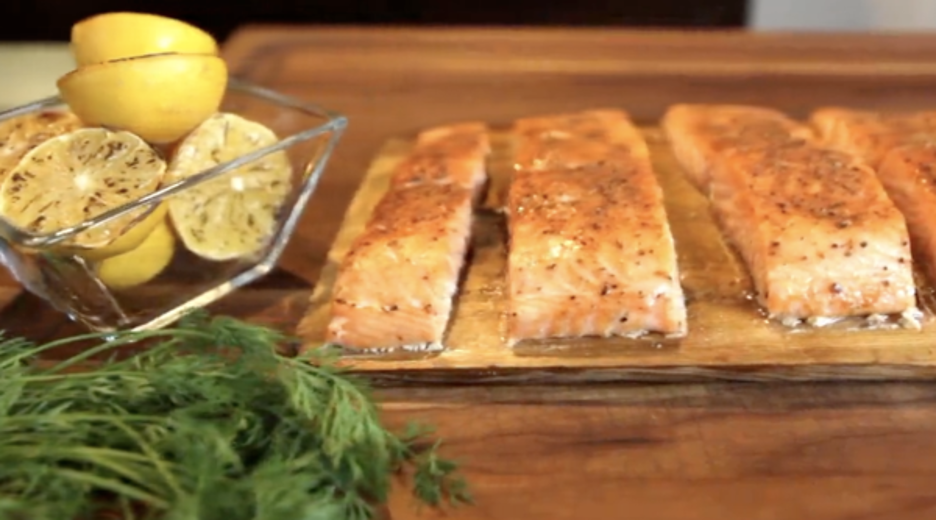 Smoked Salmon on Cedar Plank with Lemons and Garnish