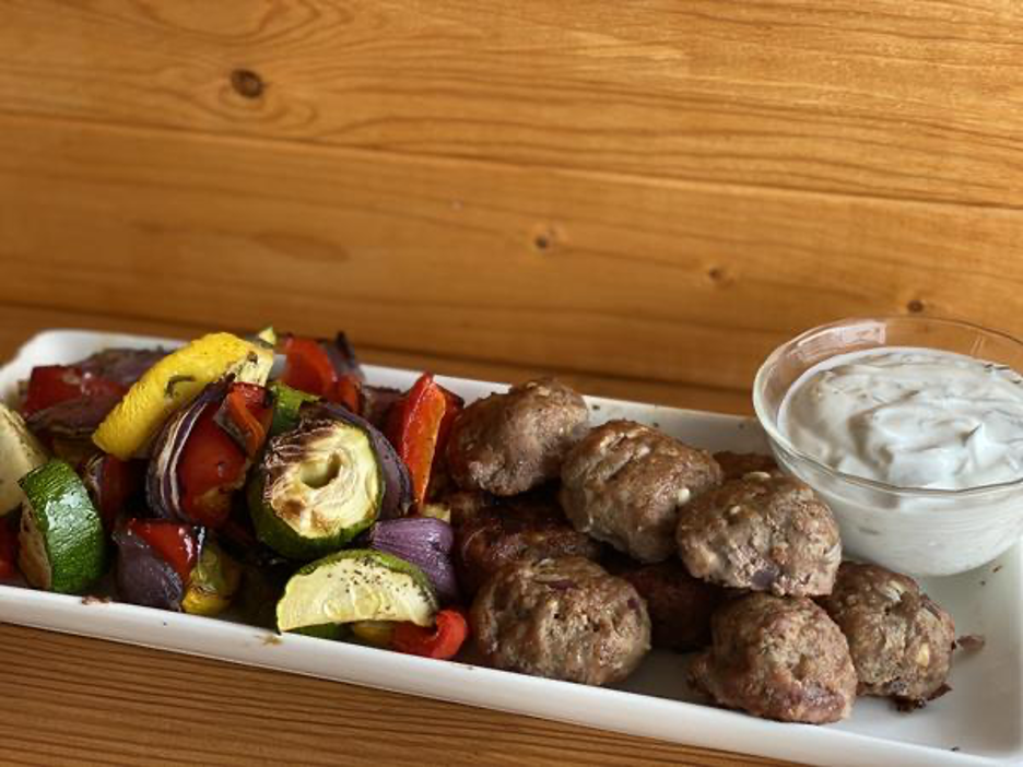 Greek Meatballs Served with Smoked Veggies and a Side of Tzatziki