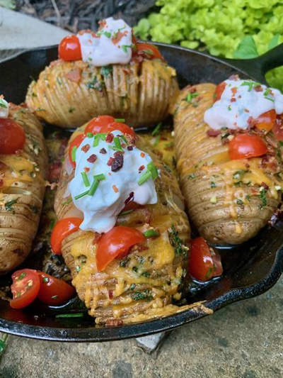 Hasselback Potatoes with Chive Salsa & Jalapeño Sour Cream