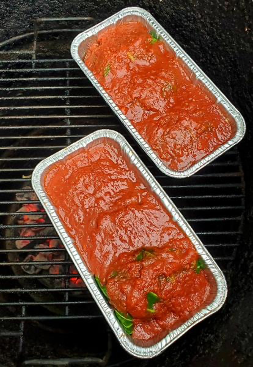 Two Pans of Stuffed Cabbage Smokin on Pit Barrel Cooker