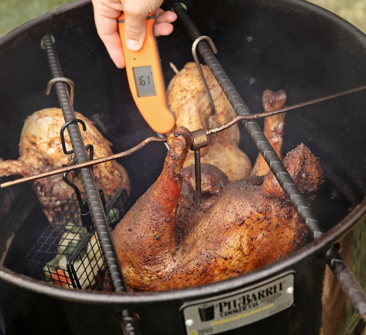 turkey and thermoworks thermometer in pit barrel cooker