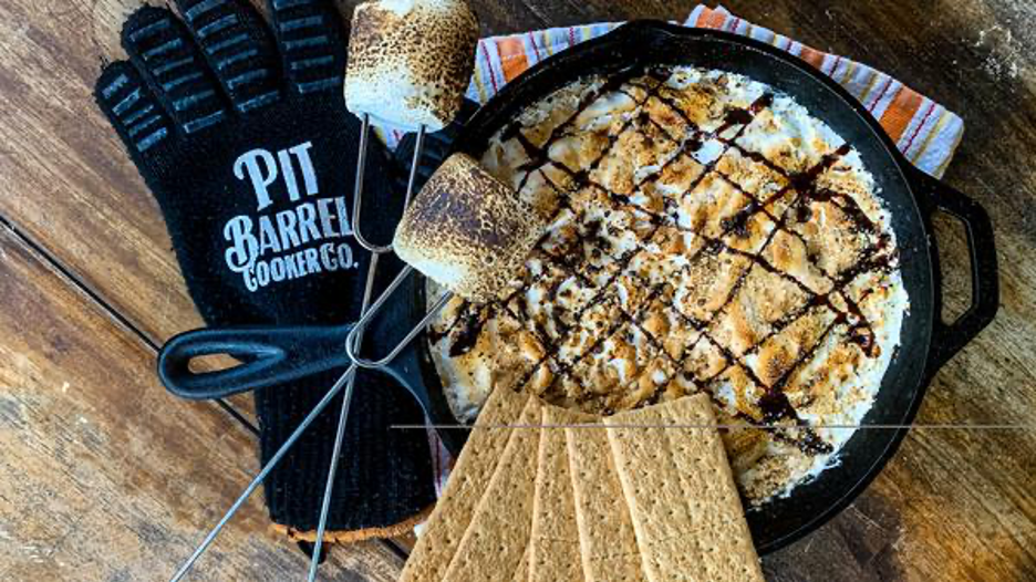 Pit Barrel Smoked S'mores Dip in Cast Iron with Pit Grip