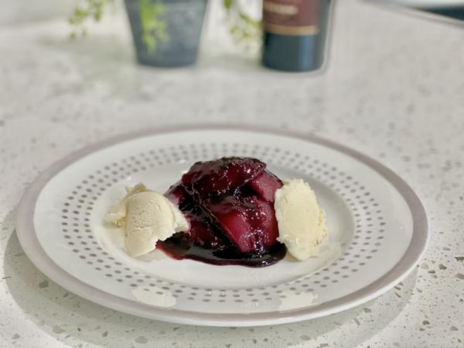 Smoked Pears with Vanilla Ice Cream Topped with a Red Wine Syrup