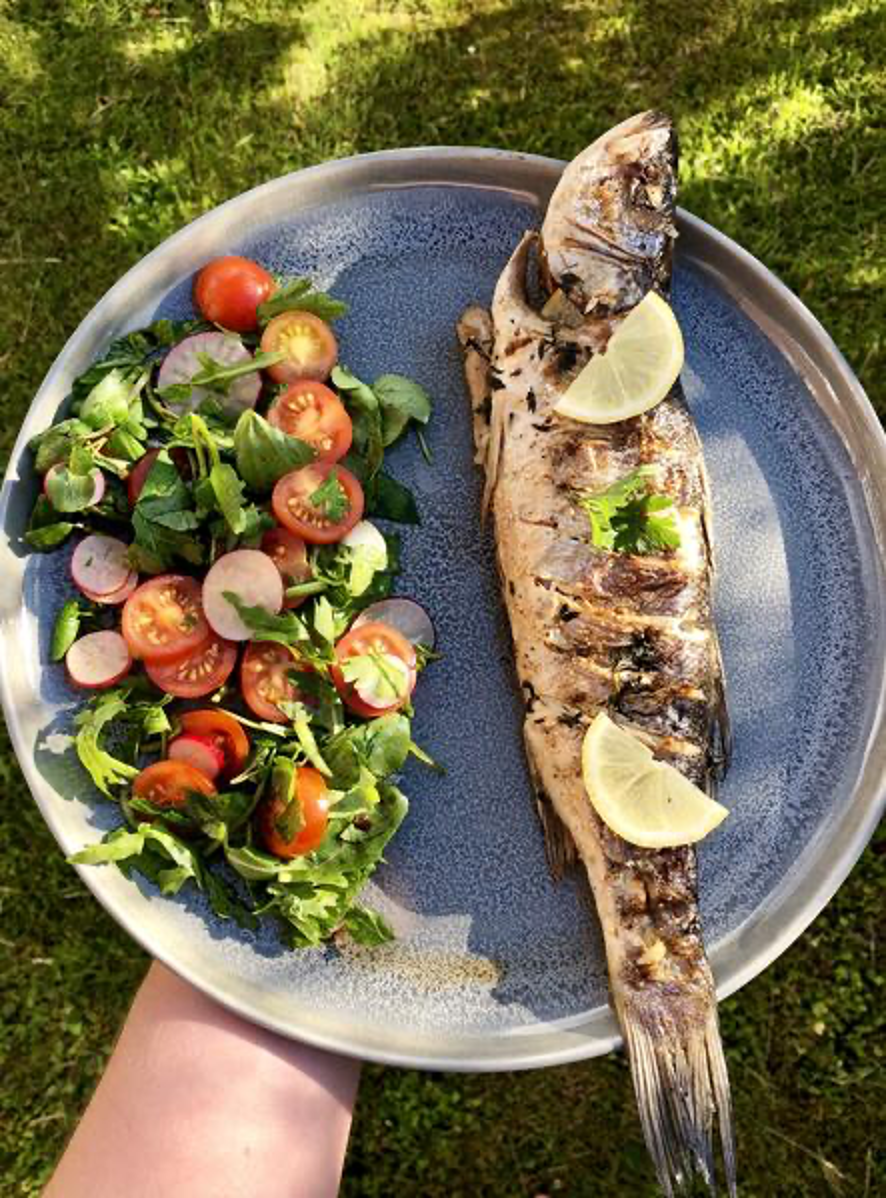 Whole Smoked Seabass with Lemon and a Side Spring Salad with Tomatoes