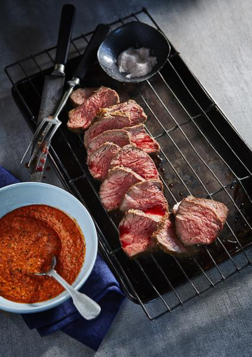 Tri-Tip Steak with Pit Barrel Beef and Game Rub and Romesco Sauce on Side