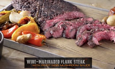 Wine Marinated Flank Steak with Bacon Mushroom Sauce