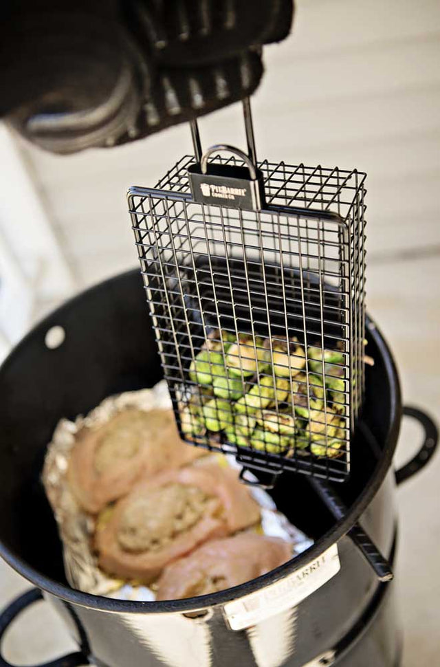 Barrel-Smoker-Cooking-Salmon-and-Brussels-Sprouts