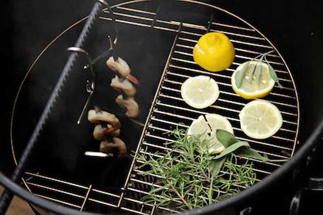 Hinged-Grate-With-Hanging-Skewers-With-Shrimp